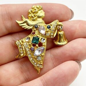 Vintage Christopher Radko Rhinestone Angel Bell Brooch Holidays Gold Tone